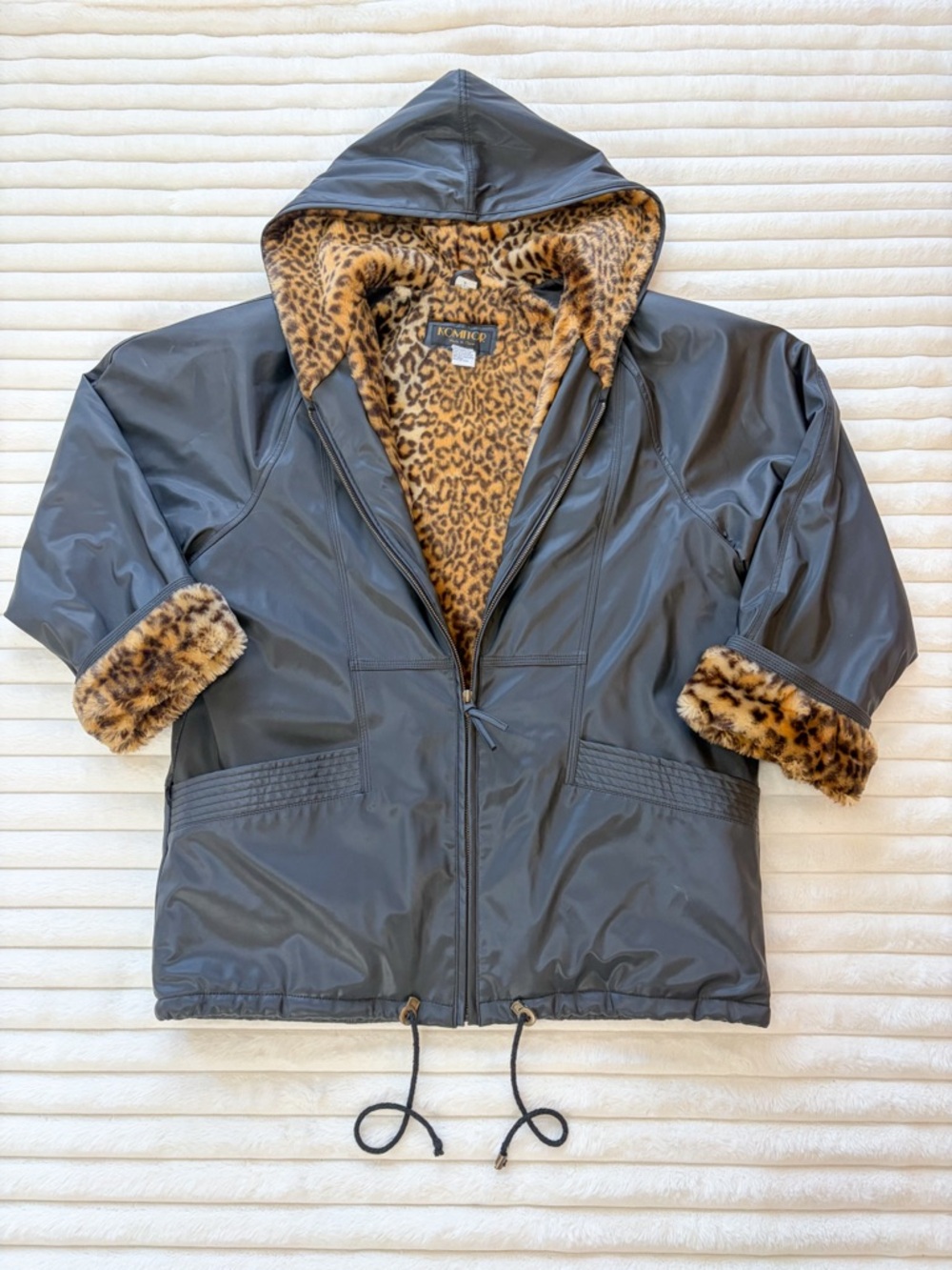 Vintage KOMIOR Black Faux Leather Hooded Jacket Leopard Faux Fur Lined Heavy